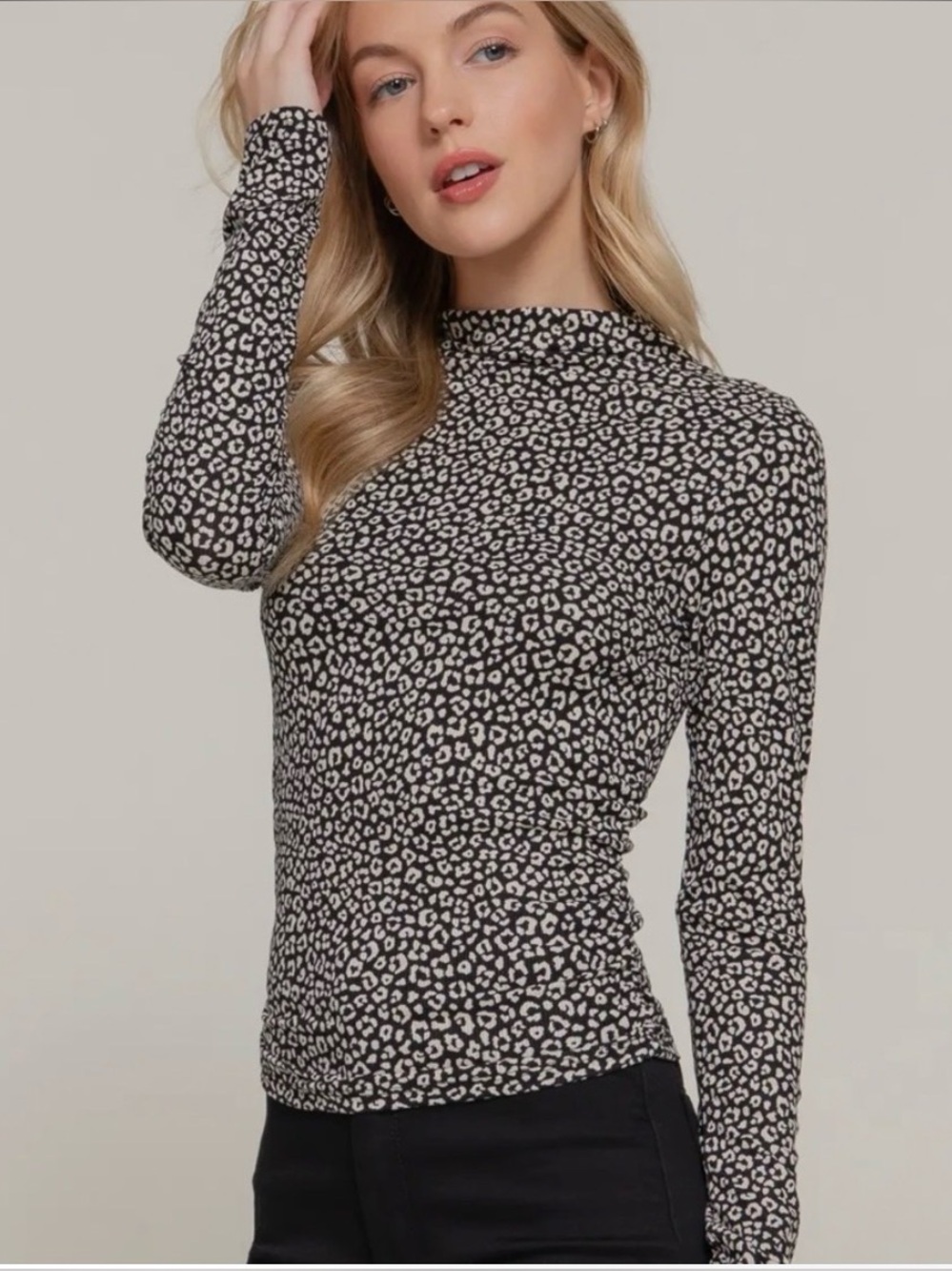 Sheer Top Leopard Animal Print Long Sleeve Mock Neck Top - Picture 3 of 10